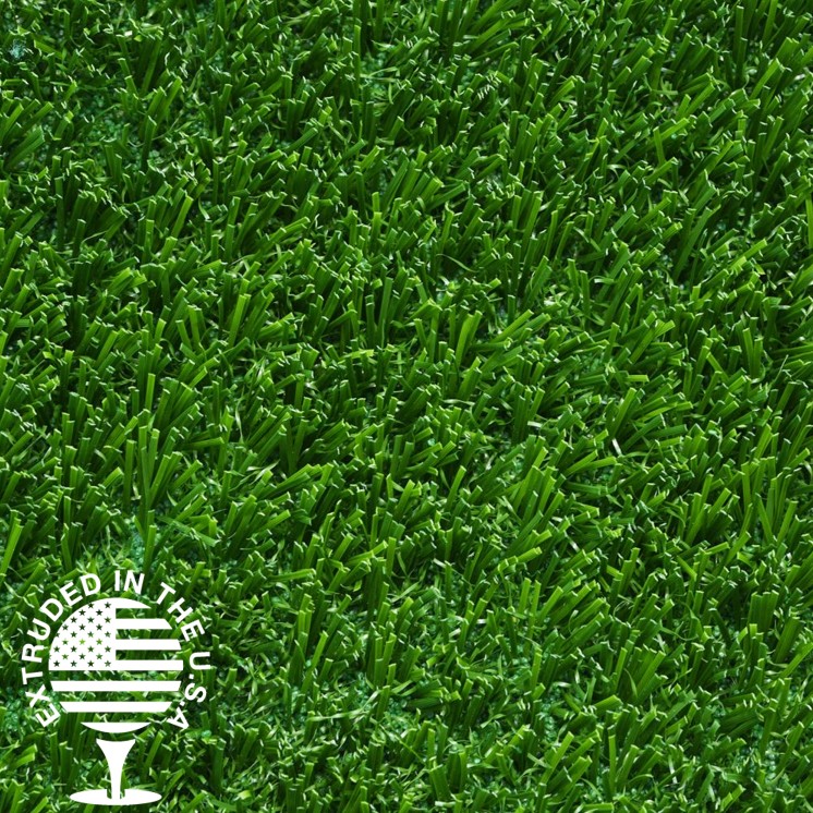 Close up image of artificial grass that is bright green.