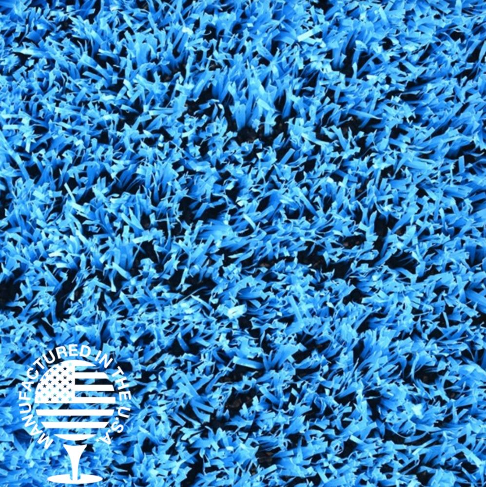 Close-up of vibrant blue artificial grass turf, manufactured in the USA, designed for durable playgrounds, sports surfaces, and creative landscape applications by Southwest Greens. Close-up of vibrant blue artificial grass turf, manufactured in the USA, designed for durable playgrounds, sports surfaces, and creative landscape applications by Southwest Greens.